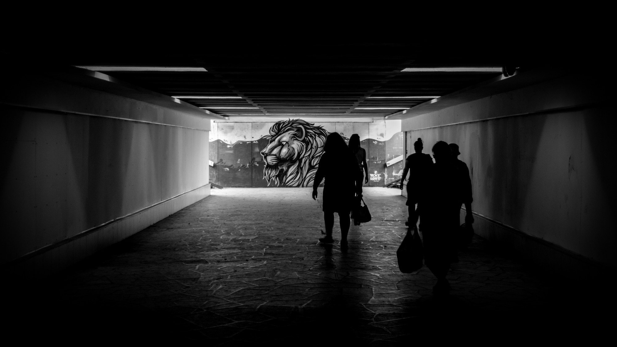 Passage souterrain en noir et blanc, silhouettes de passants devant un graffiti de lion